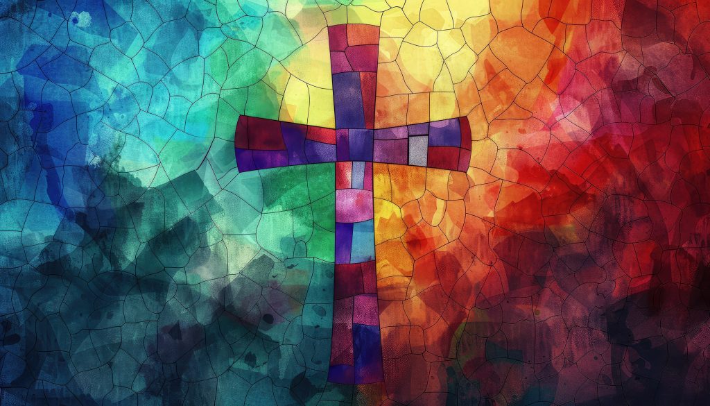 A vibrant stained glass cross against a colorful mosaic background, symbolizing faith and spirituality.